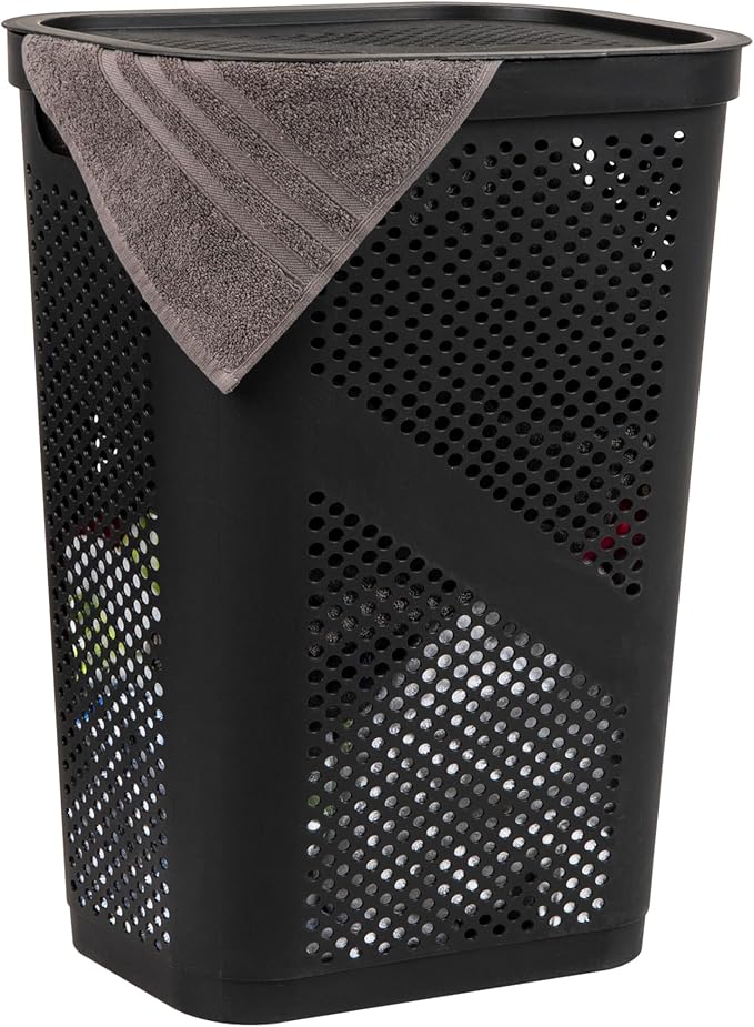 Mind Reader Slim Laundry Hamper with Lid, 60L Clothes Basket, Ventilated Plastic, Black