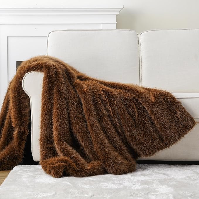 BATTILO HOME Luxury Fluffy Faux Fur Throw Blanket, Large Golden Brown Fake Fur Blanket for Bed, Sofa, Chair, Bed, Silky Elegant Fuzzy Fur Throws with Long Pile, 60"x80"