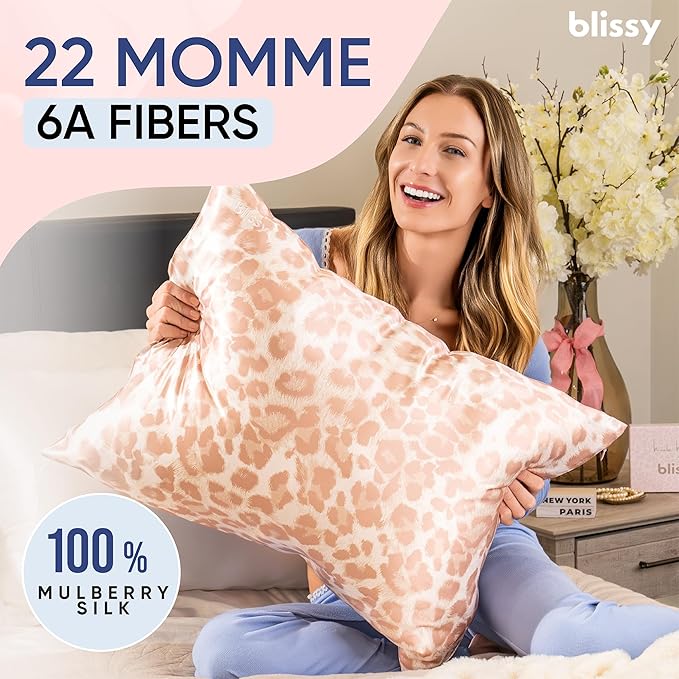 Blissy Silk Pillowcase - 100% Pure Mulberry Silk - 22 Momme 6A High-Grade Fibers - Silk Pillow Cover for Hair & Skin - Regular, Queen & King (Nicole Miller - Mauve Cheetah, King)