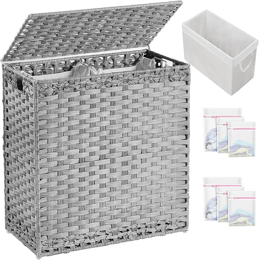 SETVSON Laundry Hamper with Lid Wicker Laundry Basket 112 L (29.6 Gal) Laundry Hampers Handwoven Rattan Clothes Hamper with Handles 3 Removable Liner Bag, 6 Mesh Bags for Bathroom Bedroom Gray