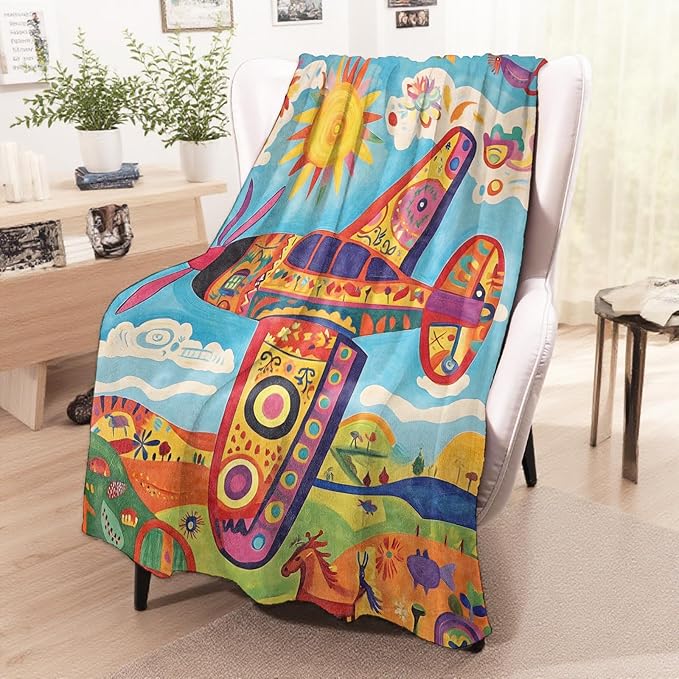wyxdwh Colorful Airplane Blanket, Cozy Flannel Cartoon Patterned Plane Throw Blanket for Couch Outdoor, Plush Soft Lightweight Travel Blankets for Bed Decor and Gifts, for Women Adults Kids 50"x60"