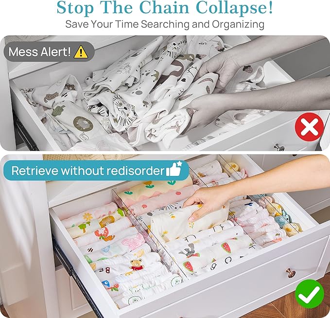 Vtopmart 8 Pack Drawer Dividers for Clothes, 4" High 10.2"-16.5" Adjustable Expandable Dresser Drawer Organizer, Clear Plastic Separators for Dresser, Baby Clothing, Underwear, Cosmetic, Toiletries