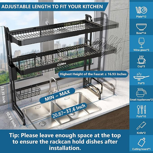 Loyalfire Over Sink Dish Drying Rack, 3 Tier Adjustable Length (20.87'' to 37.6'') Full Stainless Steel Large Storage Kitchen Dish Rack, Expandable Drainer Shelf Rack with Multifunctional Organizers