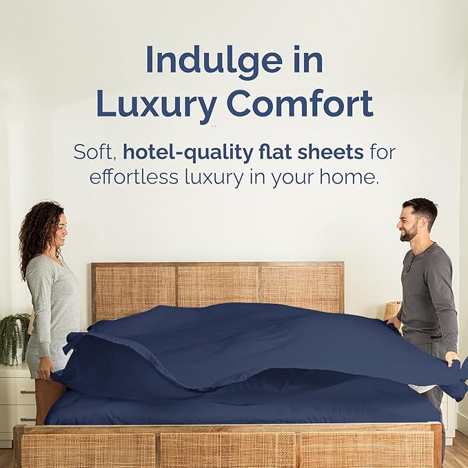 Queen Size Flat Sheet - Hotel Quality Top Flat Bed Sheet Only - Ultra-Soft, Breathable & Cooling - Fade & Wrinkle Free - Easy-Care, Stain & Shrink Resistant Bedding - Easy-Fit & Oeko-Tex - Navy Blue