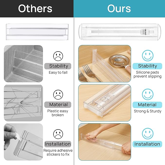 Vtopmart 8 Pack Shallow Drawer Dividers, 2.36" High 12.5"-20.8" Adjustable Expandable Kitchen Drawer Organizer, Clear Plastic Organizer Separators for Flatware, Utensil, Cutlery, Underwear, Clothes