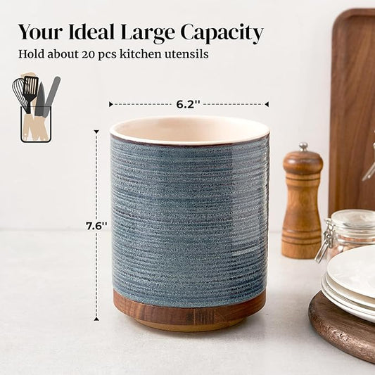 DOWAN 360° Rotating Extra Large Cooking Utensil Holder, 7.6" Kitchen Utensil Holder for Countertop, Utensil Crock for Farmhouse Kitchen Decor, Ceramic Stable Utensil Caddy, Blue