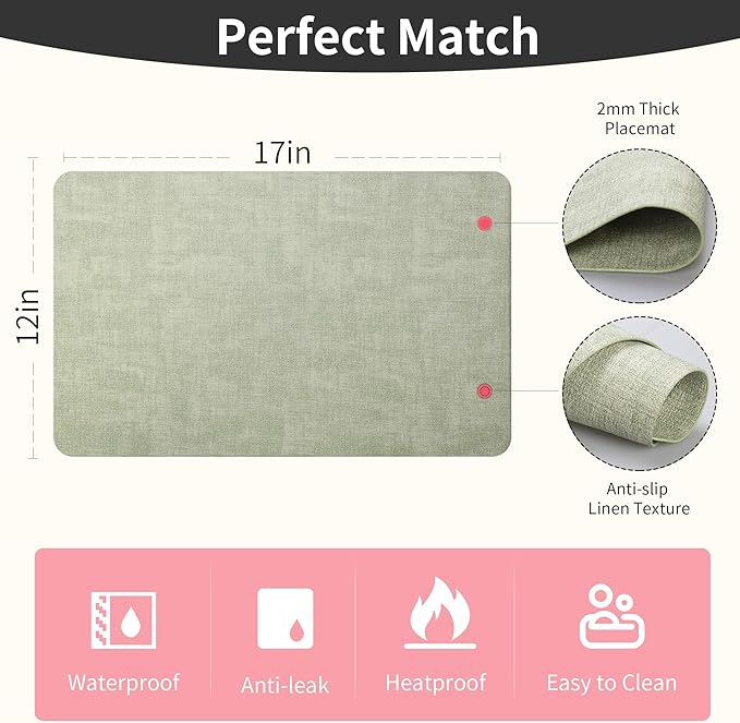 Maxpearl Faux Leather Placemats Set of 8 – Waterproof, Wipe Clean, Heat Resistant, Non-Slip Dining Table Mats for Indoor & Outdoor Use, 17”×12”, Sage Green