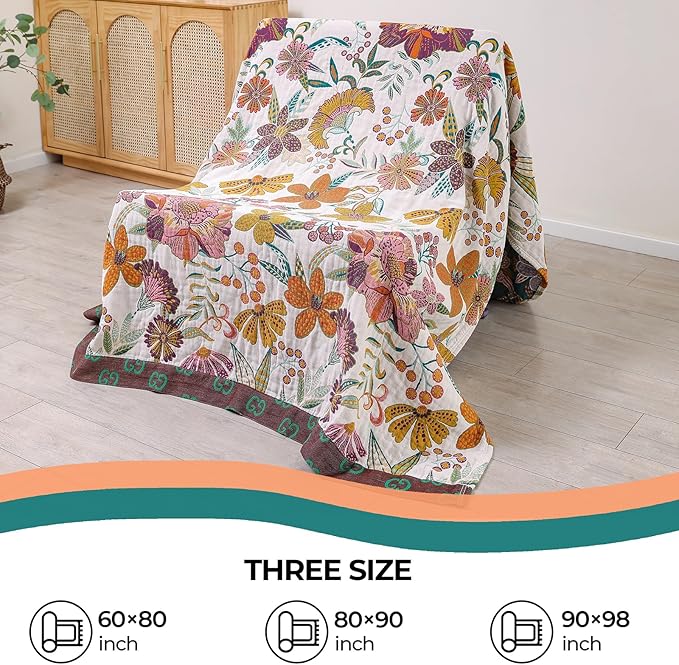 STASOPTK Boho Rustic Throw Blanket,100% Cotton Soft Vintage Bed Throw Blankets Floral Farmhouse Decor Throws,Reversible Throw for Sofa Couch, 60"×80" for All Seasons -White