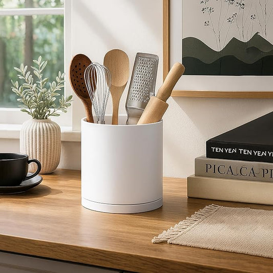 D'vine Dev 360° Rotating Utensil Holder Set – 7.2"+5" Kitchen Utensil Crocks for Countertop, Modern Cooking Tool Organizers for Kitchen Storage +Décor, White, Set of 2, 72-Z-A-1