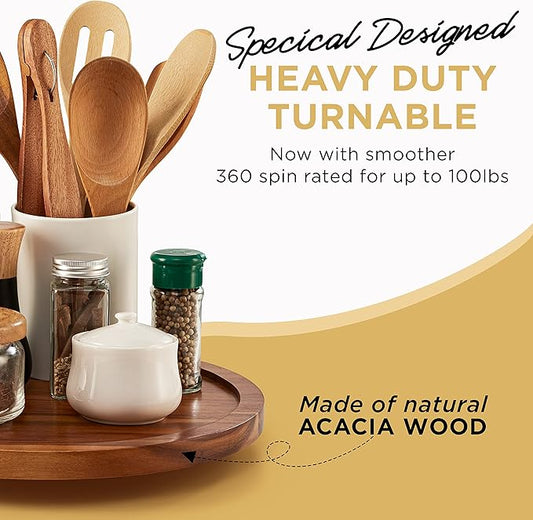13" Acacia Wood Lazy Susan Organizer for Cabinet - Round Lazy Susans Turntable for Countertop - Wooden Kitchen Rotating Storage Food Bin Container for Centerpiece Table, Spices, Pantry