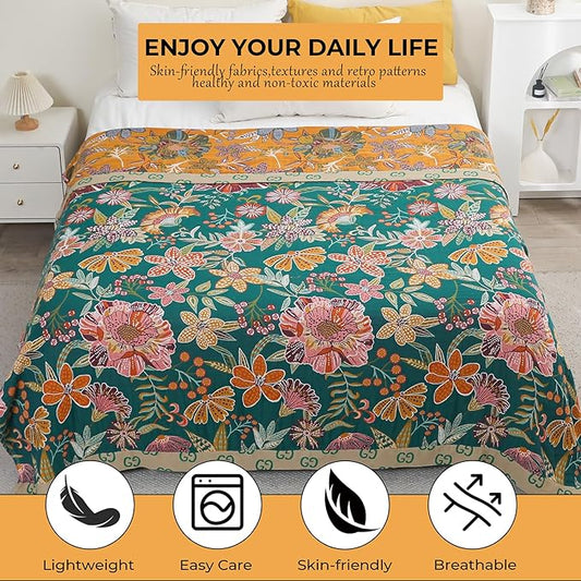 Boho Throw Blankets Reversible Luxurious Cotton Bed Throws with Vintage Bohemian Design & Yellow/Green Lightwight Floral Decor Blanket, Perfect as Bed Sofa Quilt 60" x 80"