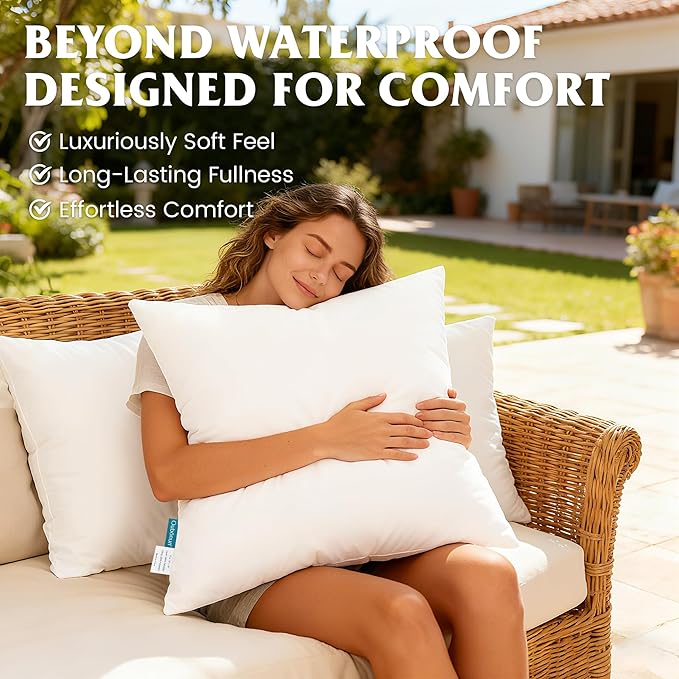 Oubonun 26x26 Waterproof Outdoor Pillow Inserts – Set of 2 Soft & Fluffy, Water Resistant Throw Pillows for Patio, Garden, Porch, or Indoor Decorative