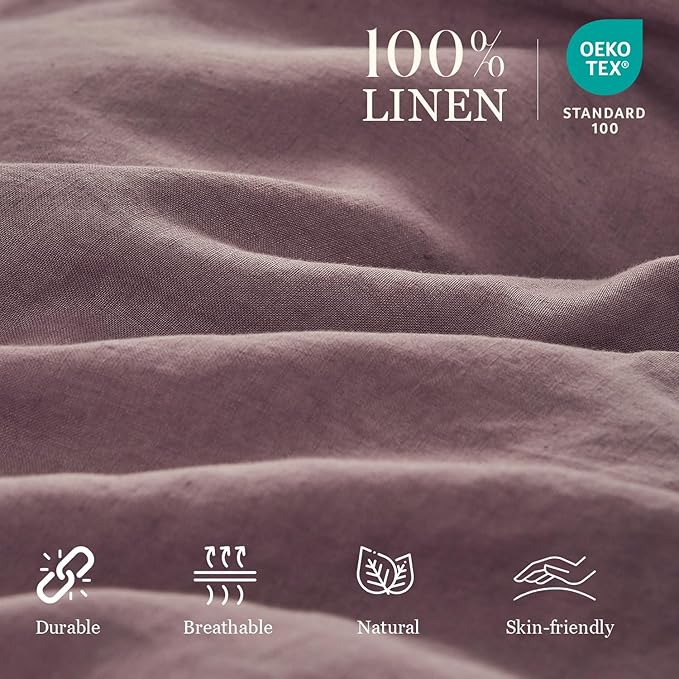 Simple&Opulence 100% French Linen Pillowcase King Size Set of 2, Pure Flax Pillow Covers with Embroidered, Solid Color Pillow Cases with Overlap Closure -Soft and Durable (20" X 36", Purple)