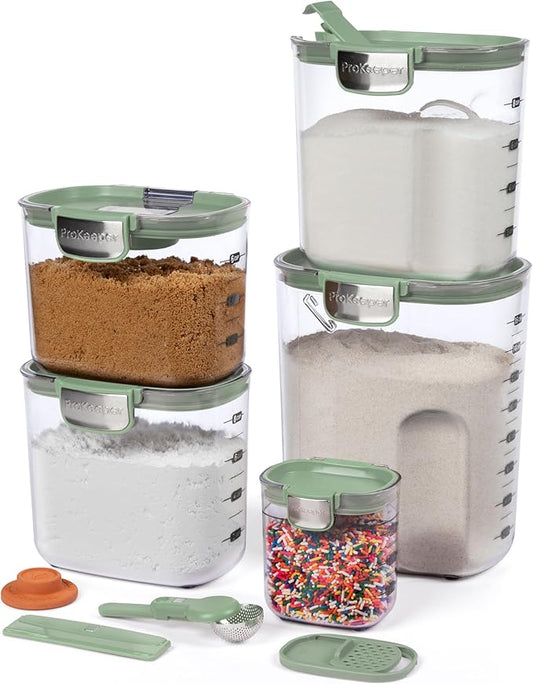 ProKeeper+ Airtight Food Storage Container Set – Clear Plastic Flour and Sugar Canister Set with Magnetic Accessories for Kitchen Organization (Pistachio, 9-Piece)
