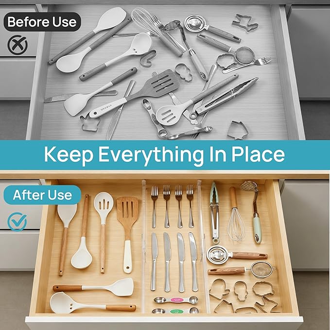 Vtopmart 8 Pack Shallow Drawer Dividers, 2.36" High 12.5"-20.8" Adjustable Expandable Kitchen Drawer Organizer, Clear Plastic Organizer Separators for Flatware, Utensil, Cutlery, Underwear, Clothes