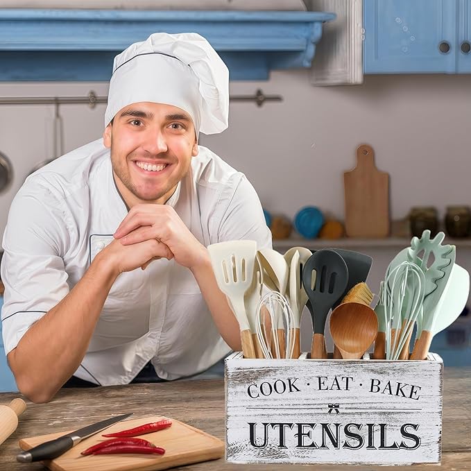 LIBODOUR Utensil Holder,Large Wooden Utensil Holder For Kitchen Counter,Cooking Spatula Organizer,Big Storage Caddy With 3 Compartments Flatware Spoon Tool Cutlery（Light White）