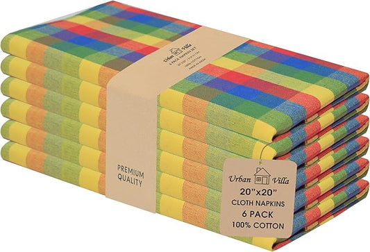 Urban Villa Cotton Dinner Napkins Set of 6, Highly Absorbent 20x20 Inches Premium Cloth Napkins Hotel Quality Reusable & Washable Table Dinner Napkins for Home & Weddings - Multi Prismatic, Checks