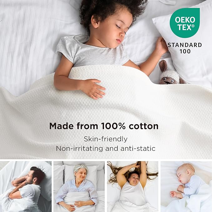 Bedsure GentleSoft 100% Cotton Blanket Queen Size for Bed - Breathable and Lightweight, Soft Cozy Textured Herringbone Woven Blanket for Summer, White, 90x90 inches