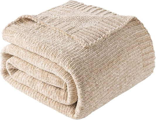 BATTILO HOME Knit Chenille Throw Blanket for Couch, Cozy Beige Throw Blankets for Home Decor,Lightweight Soft Throw for Bed,Sofa,Chair 51"x67"