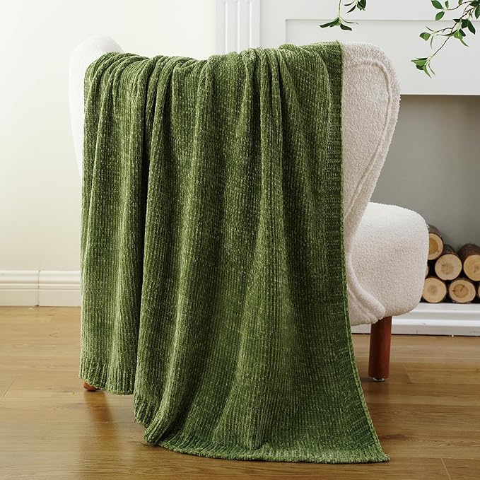 BATTILO HOME Chenille Knitted Throw Blanket for Couch, Spring Summer Green Throw Blanket for Home Decor, Decorative Cozy Soft Moss Green Blankets for Bed Sofa Couch Living Room, 51"x67"