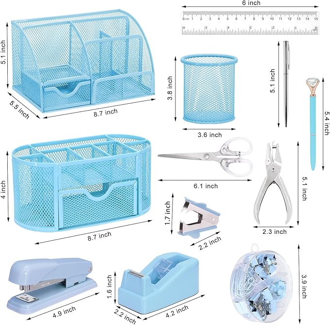 17 in 1 Blue Desk Organizers and Accessories Set, 3 Office Desk Supplies Storage Organization, 4 Pens, Stapler, Staples & Remover, Tape & Dispenser, Scissors, Ruler, Clips, Hole Punch, Back to School