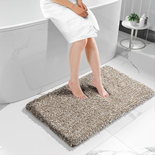 Yimobra Fluffy Plush Bath Rug, Shaggy Soft Comfortable Non Slip, Water Absorbent Microfiber Bath Mat, Dry Quick, Machine Washable Thick Bathroom Floor Rugs for Shower, 44"x 24", Light Brown and White