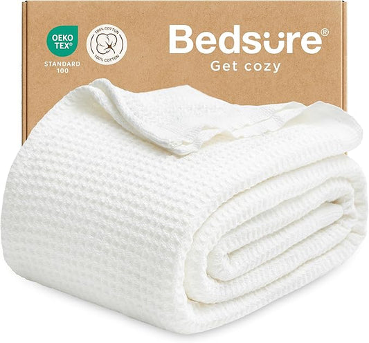 Bedsure Gentlesoft 100% Cotton Blanket Twin XL Size for College Dorm - Breathable and Soft for Spring Summer, Waffle Weave Twin Blanket for Bed, Dorm Room Essentials, White, 66x90 inches