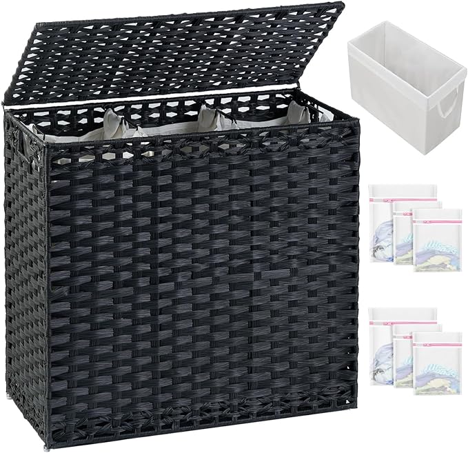 SETVSON Laundry Hamper with Lid Laundry Basket 132 L (35 Gal) Wicker Clothes Hamper, Handwoven Rattan Hamper with Handles and 4 Removable Liner Bags, 6 Mesh Bags for Laundry Bedroom Black