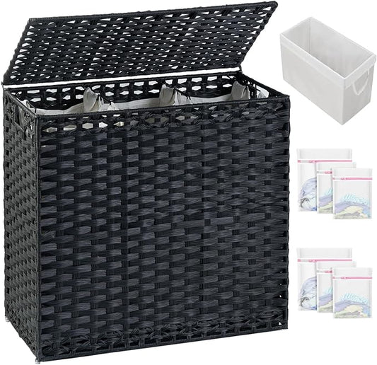 SETVSON Laundry Hamper with Lid Laundry Basket 132 L (35 Gal) Wicker Clothes Hamper, Handwoven Rattan Hamper with Handles and 4 Removable Liner Bags, 6 Mesh Bags for Laundry Bedroom Black