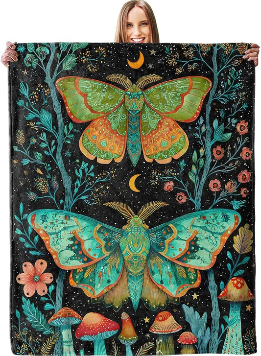 Fantasy Moth & Mushroom Blanket - Plush, Soft, Comfy, Lightweight, Warm, Fuzzy, Cozy Flannel Throw Blanket for Couch, Travel, Bed, Office, Outdoor - 50in×60in