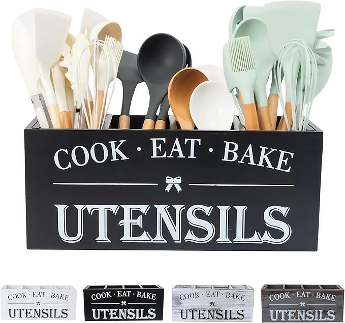 LIBODOUR Utensil Holder,Extra Large Wooden Utensil Holder For Kitchen Counter,Cooking Spatula Organizer,Big Storage Caddy With 4 Compartments Flatware Spoon Tool Cutlery（Black）