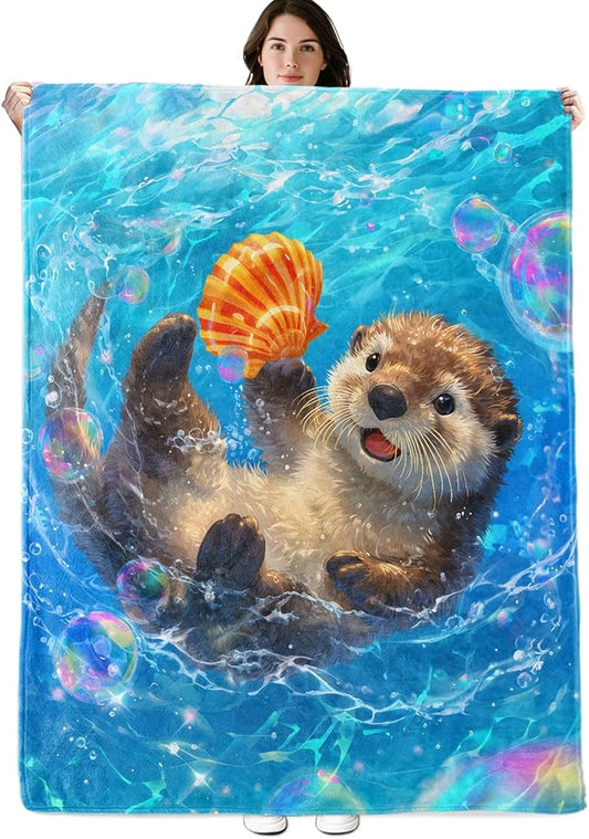 Cute Otter with Seashell Blanket, 80"x60" Flannel Cozy Lightweight Throw Blankets Gifts for Couch Bed Living Room Decor, Soft Blanket for Women Kids