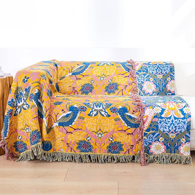 Queen Size Throw Blanket for Bed 100% Cotton Boho Oversized Soft Cozy Muslin Quilt Blanket Double Bird and Florals, Vintage Farmhouse Cottage Woven Blankets for Bedding Couch,90"×98"- Blue&Yellow
