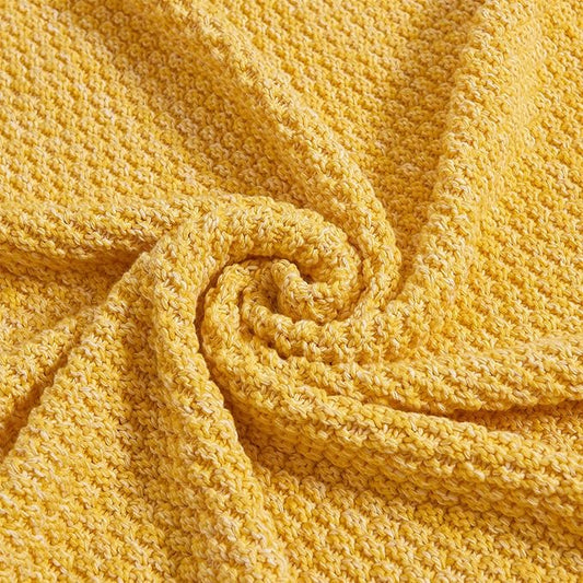 Longhui bedding Yellow Knitted Throw Blanket for Couch Sofa Bed, Soft, Cozy Machine Washable 100% Cotton Sofa Cable Knit Blankets, Large 60 x 80 Inches Oversized, Bright Yellow and White Color