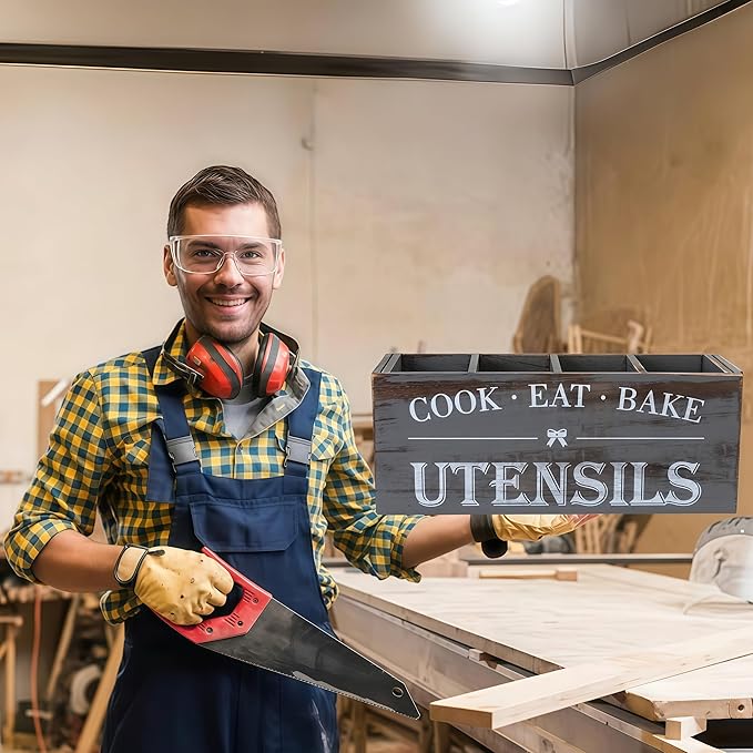 LIBODOUR Utensil Holder,Extra Large Wooden Utensil Holder For Kitchen Counter,Cooking Spatula Organizer,Big Storage Caddy With 4 Compartments Flatware Spoon Tool Cutlery(Light Grey)