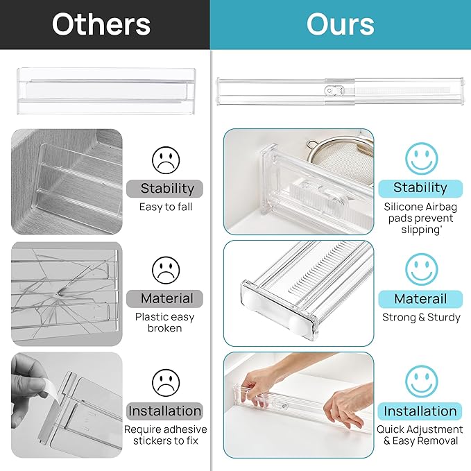 Vtopmart 4 Pack 2.36" Short Upgrade Drawer Dividers for Kitchen Drawer, 12.8"-22.3" Expandable Kitchen Drawer Organizer, Clear Plastic Organizer Separator for Flatware, Utensil, Cutlery, Underwear