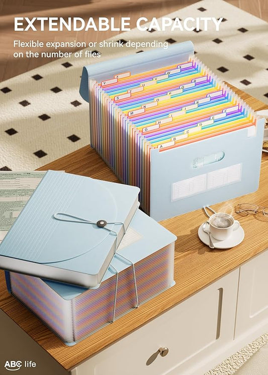 ABC life 26-Pocket Accordion File Organizer, Expanding File Folder, Letter/A4 Size Plastic Monthly Bill & Tax Receipt Holder with A-Z Tabs for Home, Office, Classroom - Light Blue