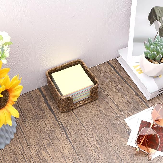 Shonmogar Sticky Note Holder Seagrass Post It Note Dispenser, 3 x 3 Inch Woven Sticky Note Dispenser, Farmhouse Post It Holder for Desk Home Office Decor, Coffee
