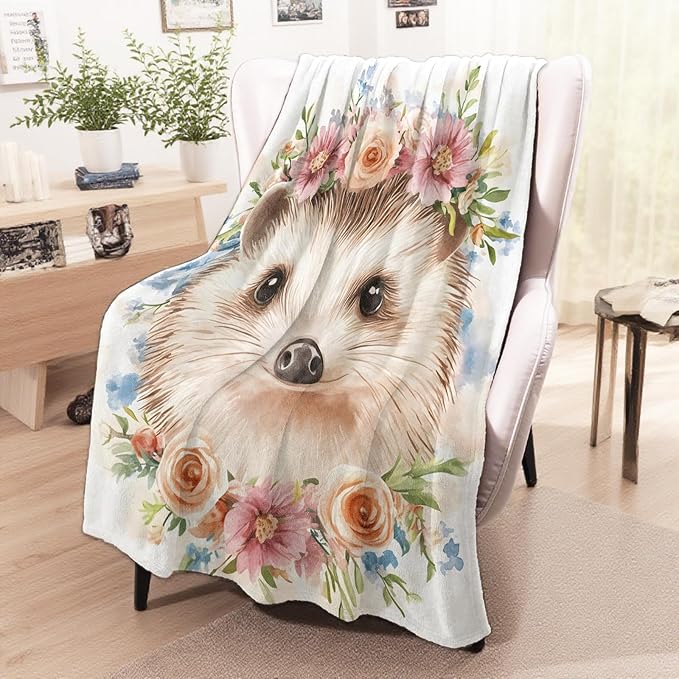 wyxdwh Cute Hedgehog Blanket, Cozy Flannel Pastel Flower Crown Throw Blanket for Couch Outdoor, Plush Soft Lightweight Travel Blankets for Bed Decor and Gifts, for Women Girls Adults Kids 60"x80"