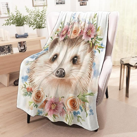 wyxdwh Cute Hedgehog Blanket, Cozy Flannel Pastel Flower Crown Throw Blanket for Couch Outdoor, Plush Soft Lightweight Travel Blankets for Bed Decor and Gifts, for Women Girls Adults Kids 40"x50"