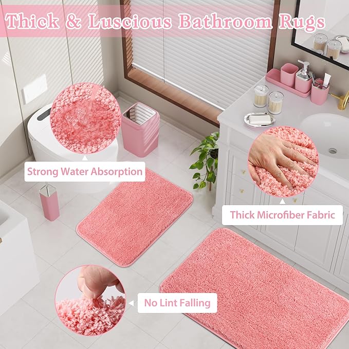 XLHOMO Bathroom Accessory Set–Bathroom Sets with Shower Curtain and Rugs, Non Slip Bathroom Rugs Super Absorbent, Pink Ombre Waterproof Shower Curtain with Hooks, Pink Bathroom Sets Complete for Home
