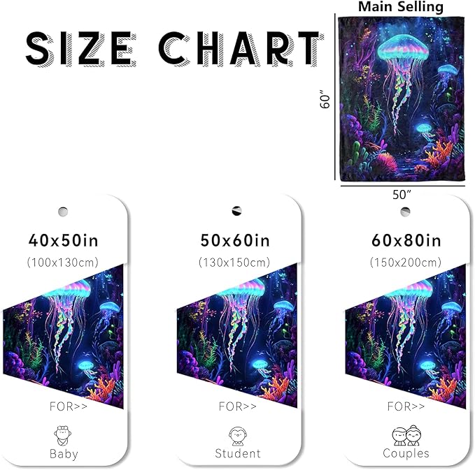 wyxdwh Glowing Jellyfish Blanket, Cozy Flannel Neon Jellyfish with Coral Throw Blanket for Couch Outdoor, Plush Soft Lightweight Travel Blankets for Bed Decor and Gifts, for Women Adults Kids 40"x50"