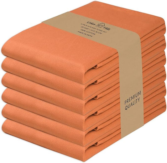 Urban Villa Kitchen Towels 100% Cotton Dish Towels for Kitchen(Set of 6)20”x30” Dish Cloths Highly Absorbent Kitchen Linen Set with Hanging Loop Perfect for Drying Dishes Cleaning Hand Towels – Orange