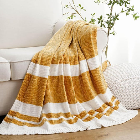 BATTILO HOME Mustard Yellow Throw Blanket for Couch, Soft Chenille Throw Blanket Knit Throw Blankets for Bed, Sofa,Chair, Farmhouse Throw Blankets, Fall Throw Blanket,51"x67"