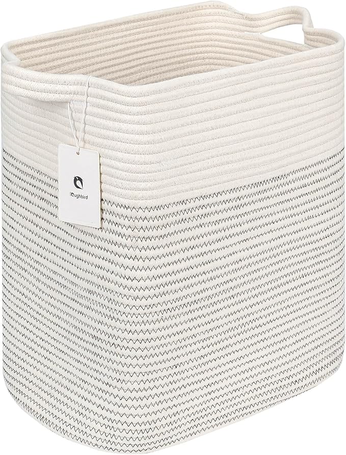 Laughbird Storage Baskets for Clothes Fabric Cotton Rope Storage Basket with Handles, Decorative Woven Basket for Living Room,Closet Organizer Blankets, and 2bags (White/Black Line, L16×W11.4×H15.9)