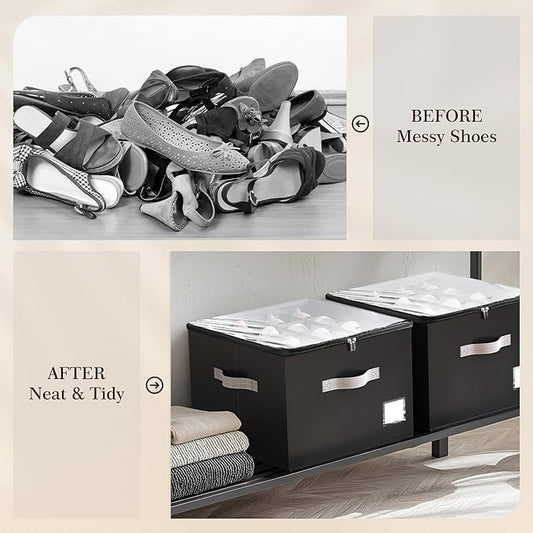 Criusia Shoe Organizer for Closet, Foldable Shoe Storage Organizer with Clear Cover and Sturdy Handles, Fit 12-16 Pairs, Closet Organizer for Shoes Sneakers Sandals Heels, 2 Pack, Black