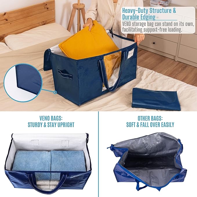 VENO 2 Pack Moving Bags, Christmas Storage Bins, Moving Boxes Alternative, Comforter and Blanket Storage Bags, College Dorm Packing Supplies, Foldable Heavy-Duty Tote with Window (Blue, 2 Pack)
