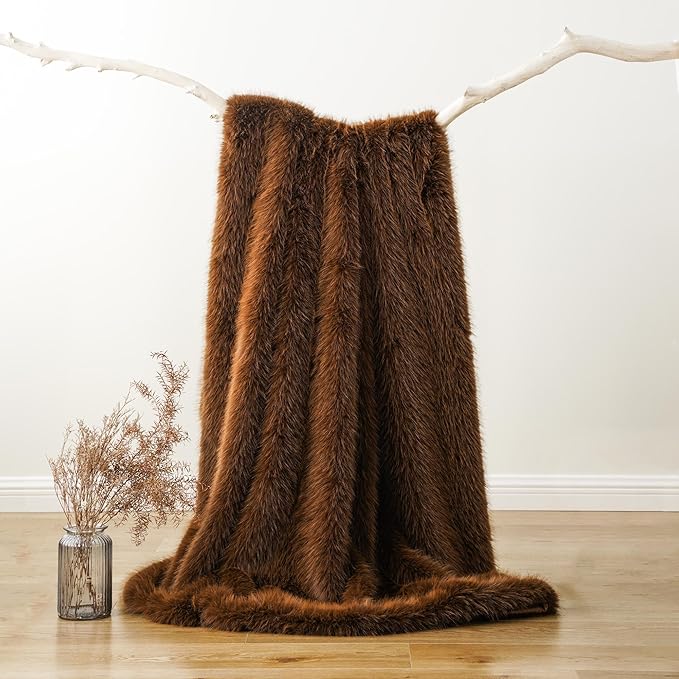 BATTILO HOME Luxury Fluffy Faux Fur Throw Blanket, Large Golden Brown Fake Fur Blanket for Bed, Sofa, Chair, Bed, Silky Elegant Fuzzy Fur Throws with Long Pile, 60"x80"