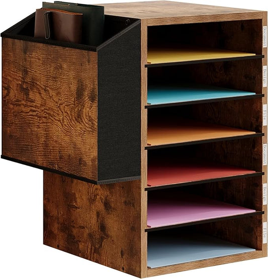 Unionly, 6 Tier Adjustable Countertop Mail Sorter, Mailboxes With Name Slots, Literature Organization Paper Storage Slot, Office Desk File Organizer, Wooden Desktop Mailbox for Classroom, Rustic Brown