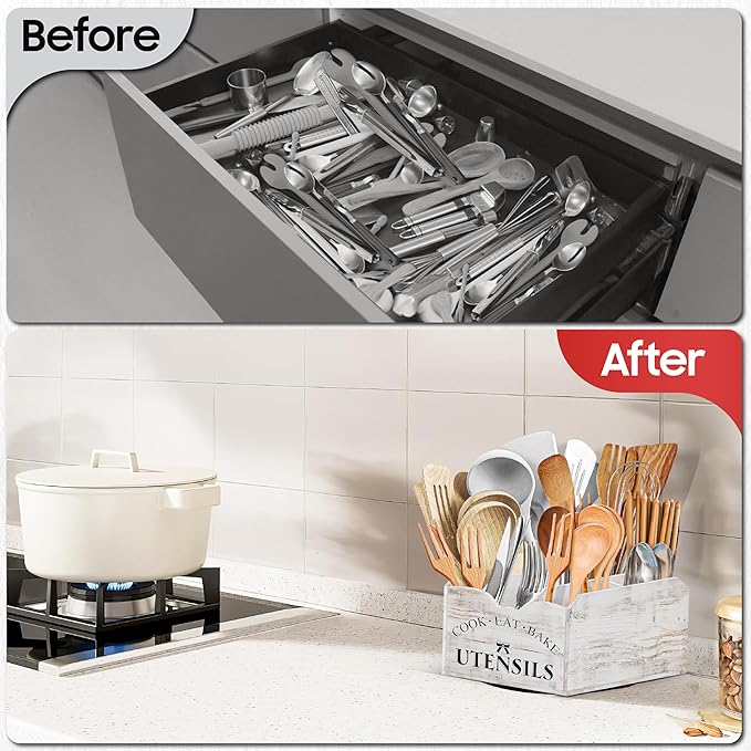 Bewbow [Upgraded] Extra Large Kitchen Utensil Holder for Countertop with 360° Rotating Base, 6 Compartments, Removable Divider, Wooden Utensil Organizer for Countertop, Farmhouse Kitchen Decor